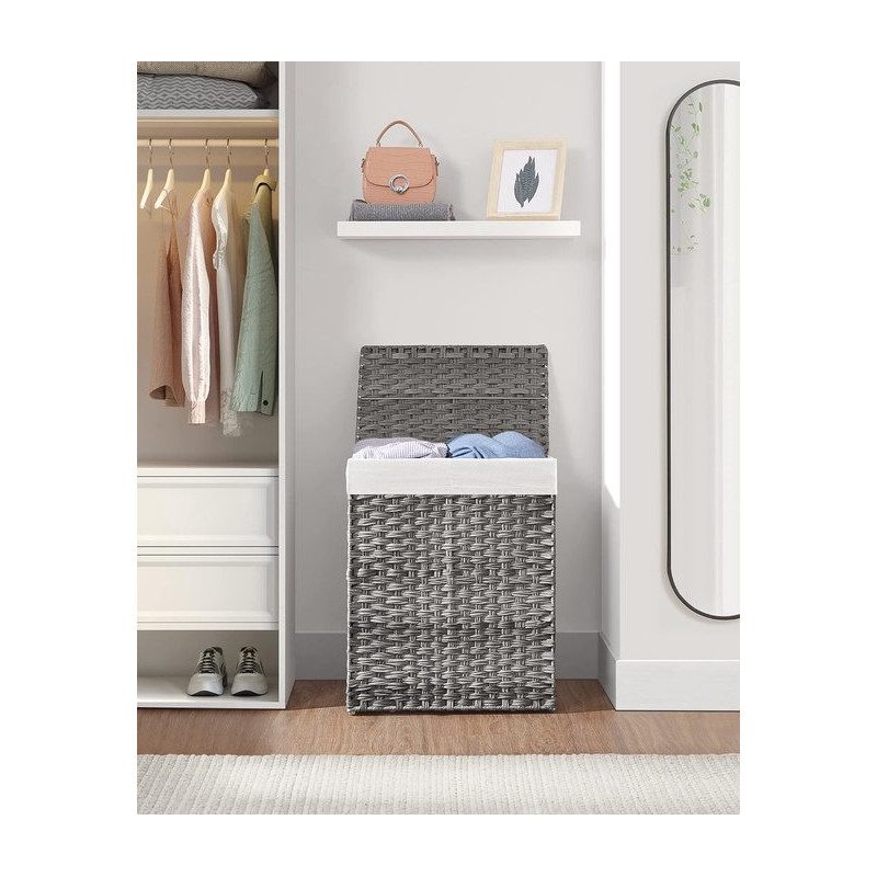 Uppdelad Tvättkorg med Lock, 2 Fack – 90 Liter, Grå (33x46x60 cm)