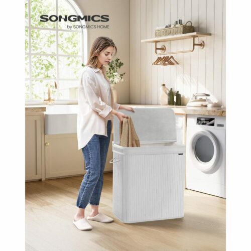 Vit Bambu Tvättkorg med Lock – 150 Liter, Tvättbar Påse med Handtag