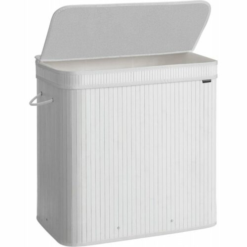 Vit Bambu Tvättkorg med Lock – 150 Liter, Tvättbar Påse med Handtag