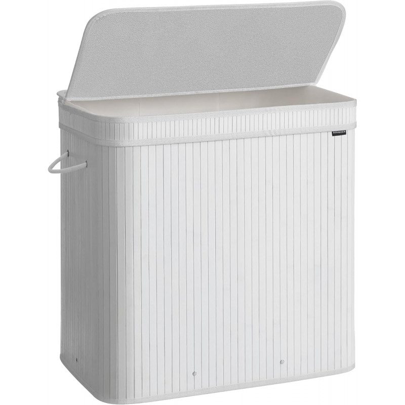 Vit Bambu Tvättkorg med Lock – 150 Liter, Tvättbar Påse med Handtag