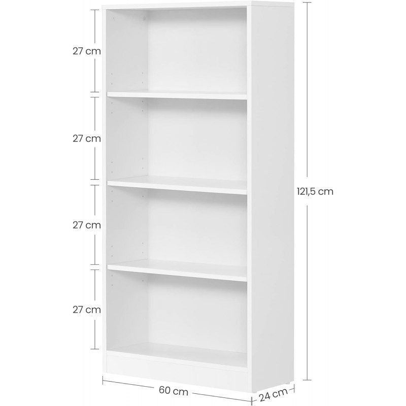 Vit Bokhylla 60 x 24 x 121 cm – 3 Justerbara Hyllplan
