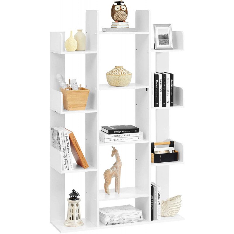 Vit bokhylla med 13 fack i träd-design 86 × 25 × 140 cm