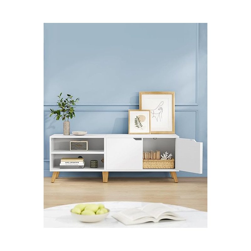 Vit retro TV-bänk 140×50×40 cm med skåp – för TV upp till 65"