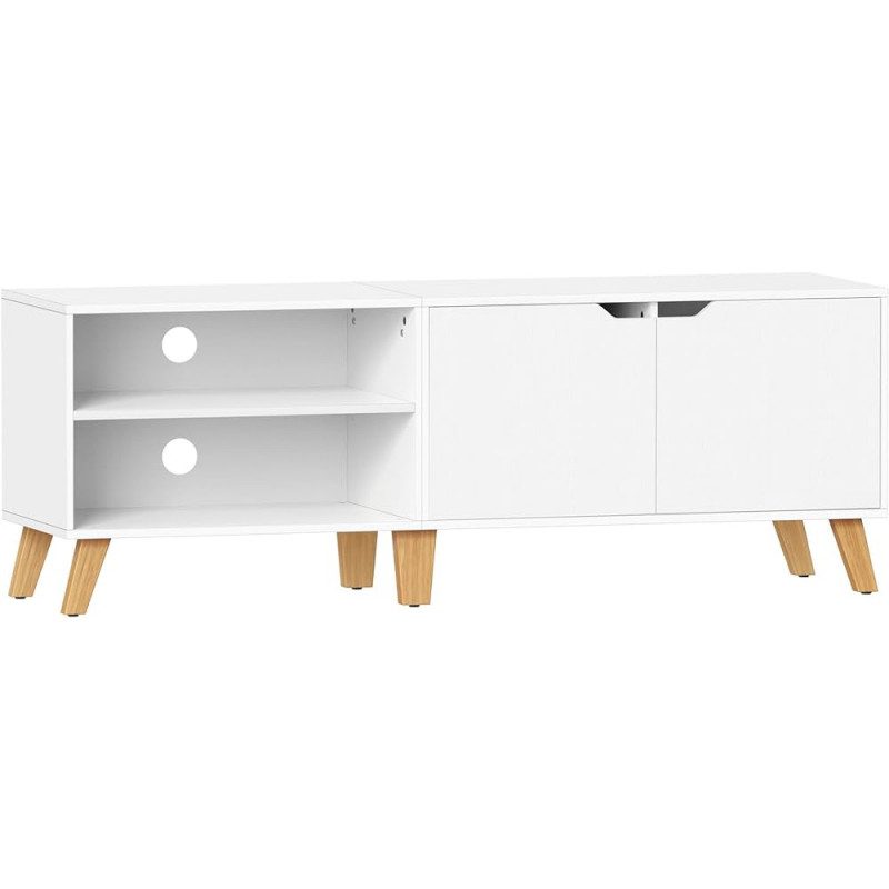 Vit retro TV-bänk 140×50×40 cm med skåp – för TV upp till 65"