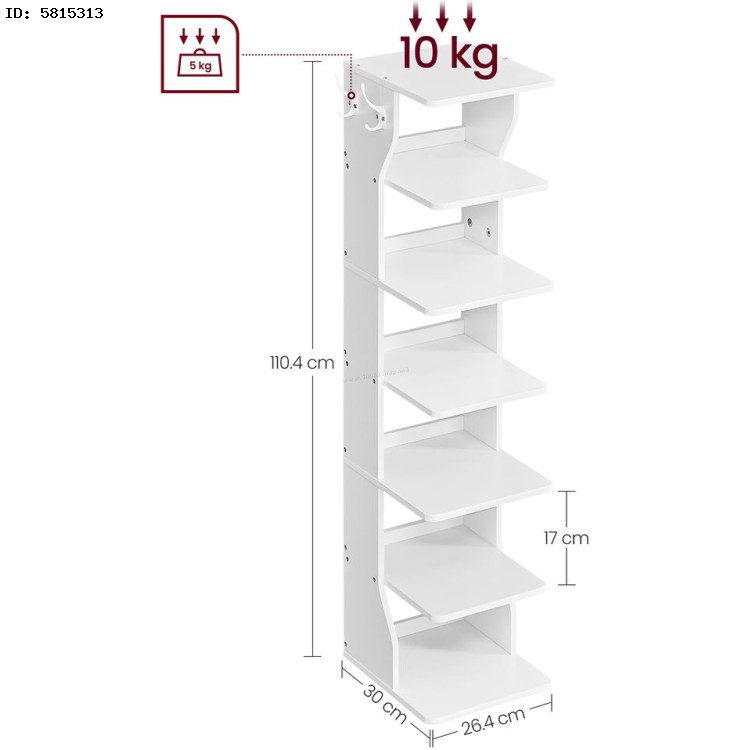 Vit skohylla i trä med 7 nivåer, 2 krokar, 30 × 26,4 × 110,4 cm