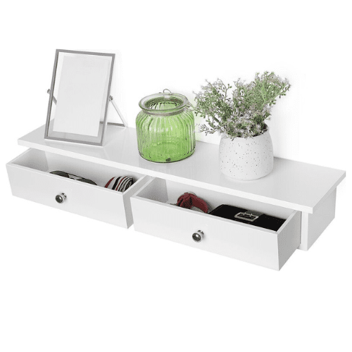 Vit vägghylla med 2 lådor, 65 × 15 × 10 cm
