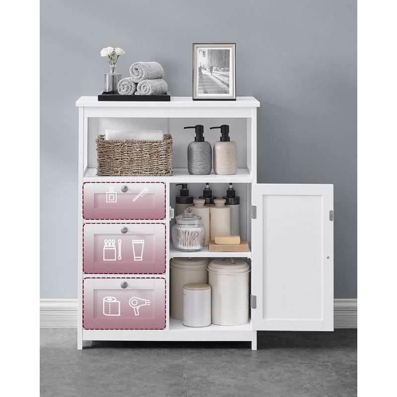 Vitt badrumsskåp med 3 lådor och öppen hylla – 60 × 30 × 80 cm