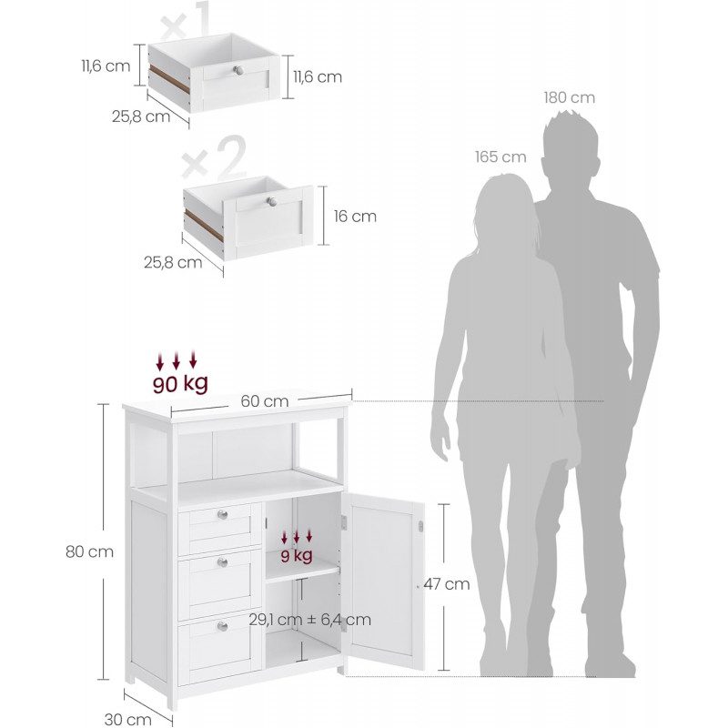 Vitt badrumsskåp med 3 lådor och öppen hylla – 60 × 30 × 80 cm