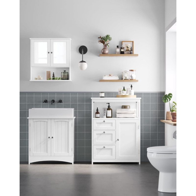 Vitt badrumsskåp med 3 lådor och öppen hylla – 60 × 30 × 80 cm