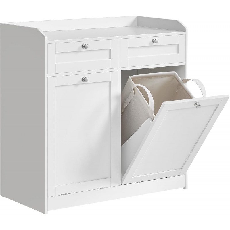 Vitt badrumsskåp med lådförvaring och två integrerade tvättkorgar