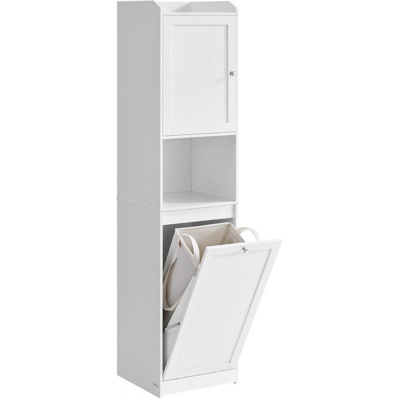 Vitt högt förvaringsskåp för badrum med tvättkorg och öppen hylla