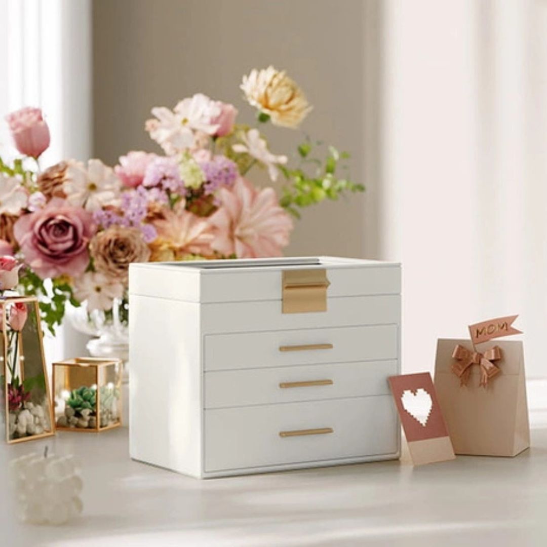 Vitt smyckeskrin i 4 lager med glaslock, 15,3 × 25,1 × 21,5 cm