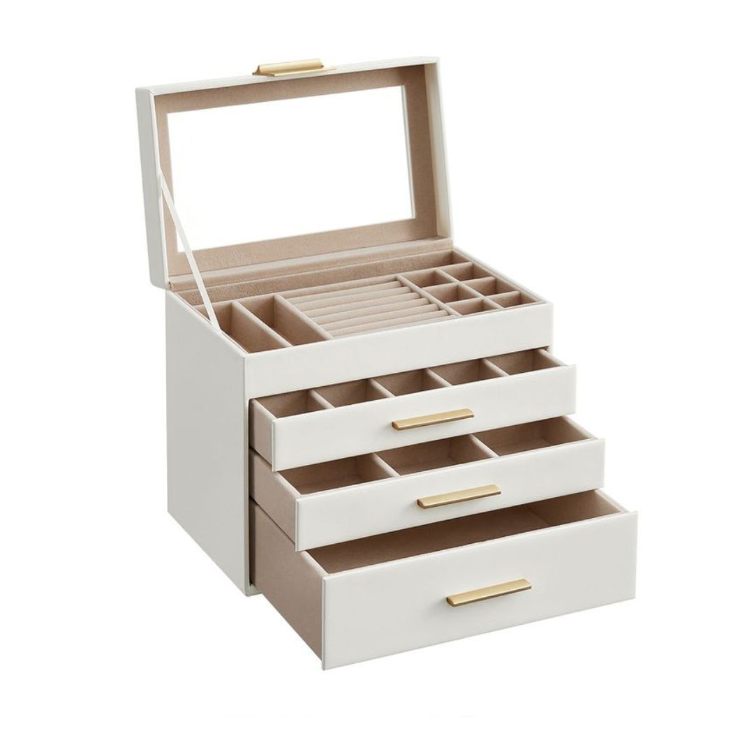 Vitt smyckeskrin i 4 lager med glaslock, 15,3 × 25,1 × 21,5 cm