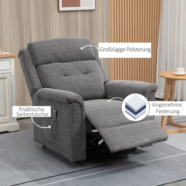 Elektrisk vilfåtölj med ståhjälp och full recline – grå linnelook, fjärrstyrd komfort för maximal avkoppling - Bild 8