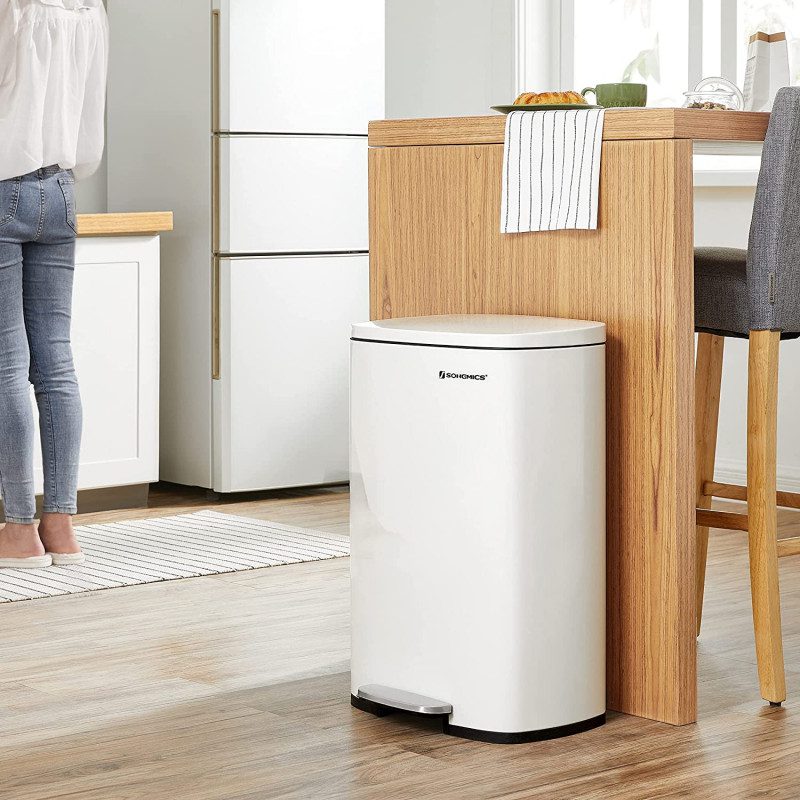 XL soptunna med pedal – 50 L, rostfritt stål, vit