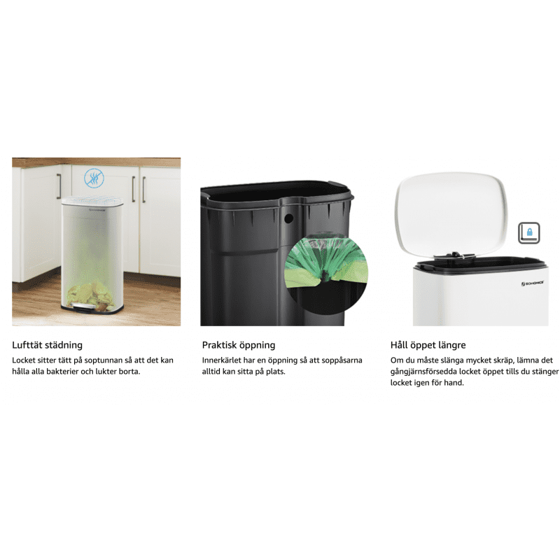 XL soptunna med pedal – 50 L, rostfritt stål, vit