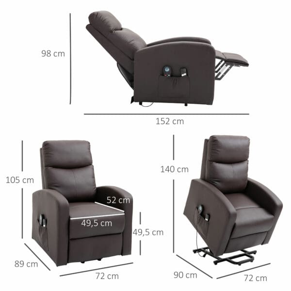 Elektrisk TV-fåtölj med massage & ståhjälp – recliner i brunt konstläder - Bild 3